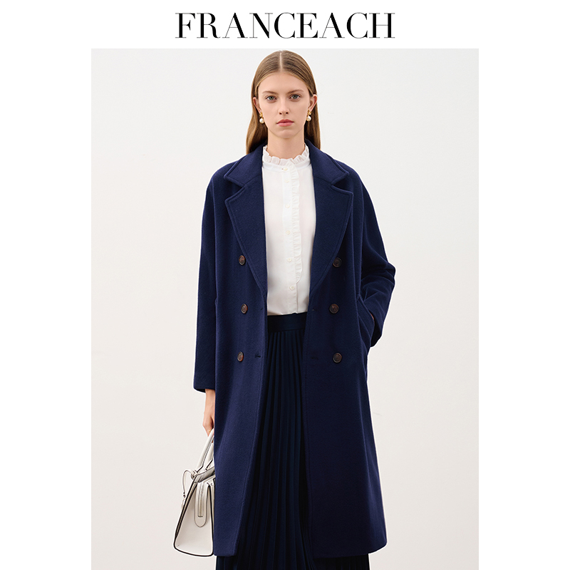 法涵意弛双排扣羊驼绒大衣中长款
