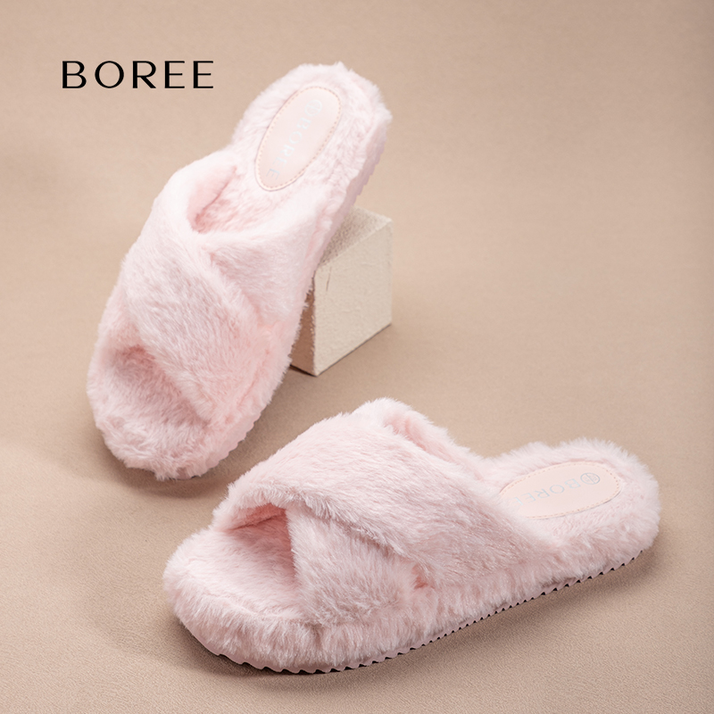 Boree/宝人毛毛拖鞋女外穿粉色居家保暖舒适棉拖鞋2025新款秋冬