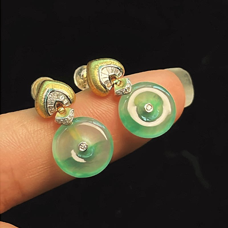 天然缅甸A货冰种阳绿耳钉耳环18k金带钻镶嵌老坑起胶平安扣耳饰