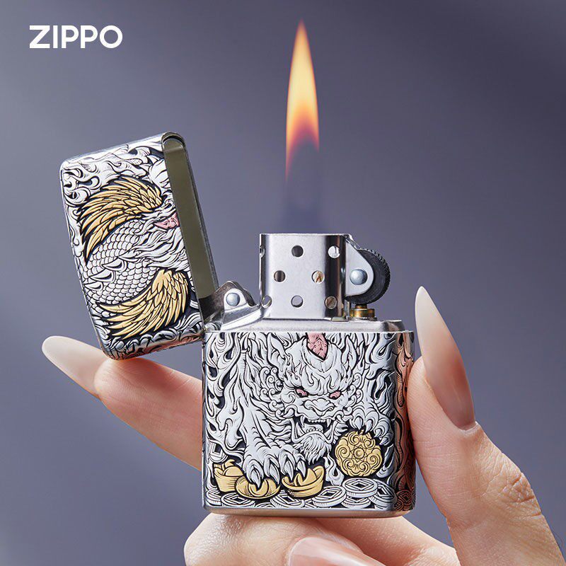 zippo原装正品打火机错金银五面雕刻招财貔貅盔甲机煤油防风礼品