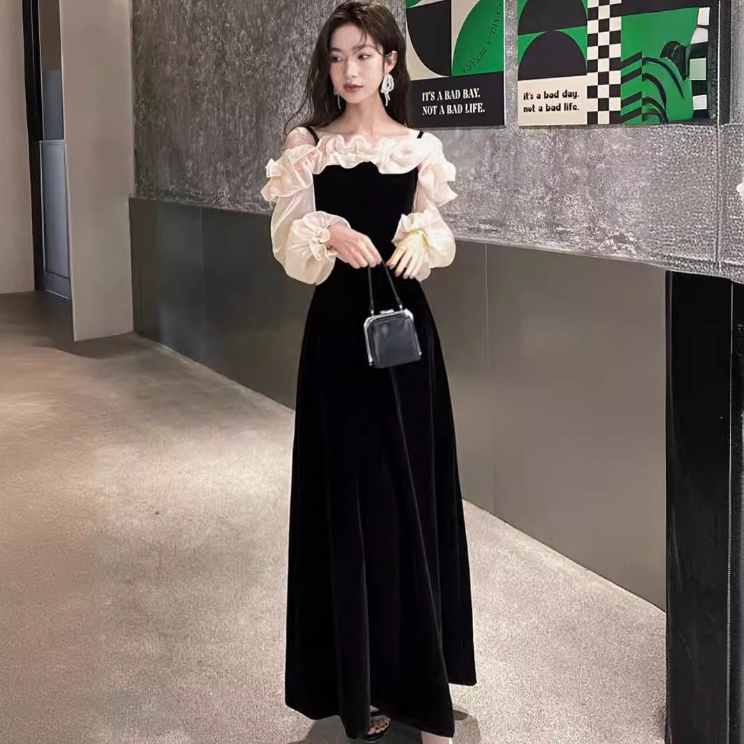 一字肩晚礼服裙宴会黑色气质高级感小众名媛荷叶边主持人开叉长裙