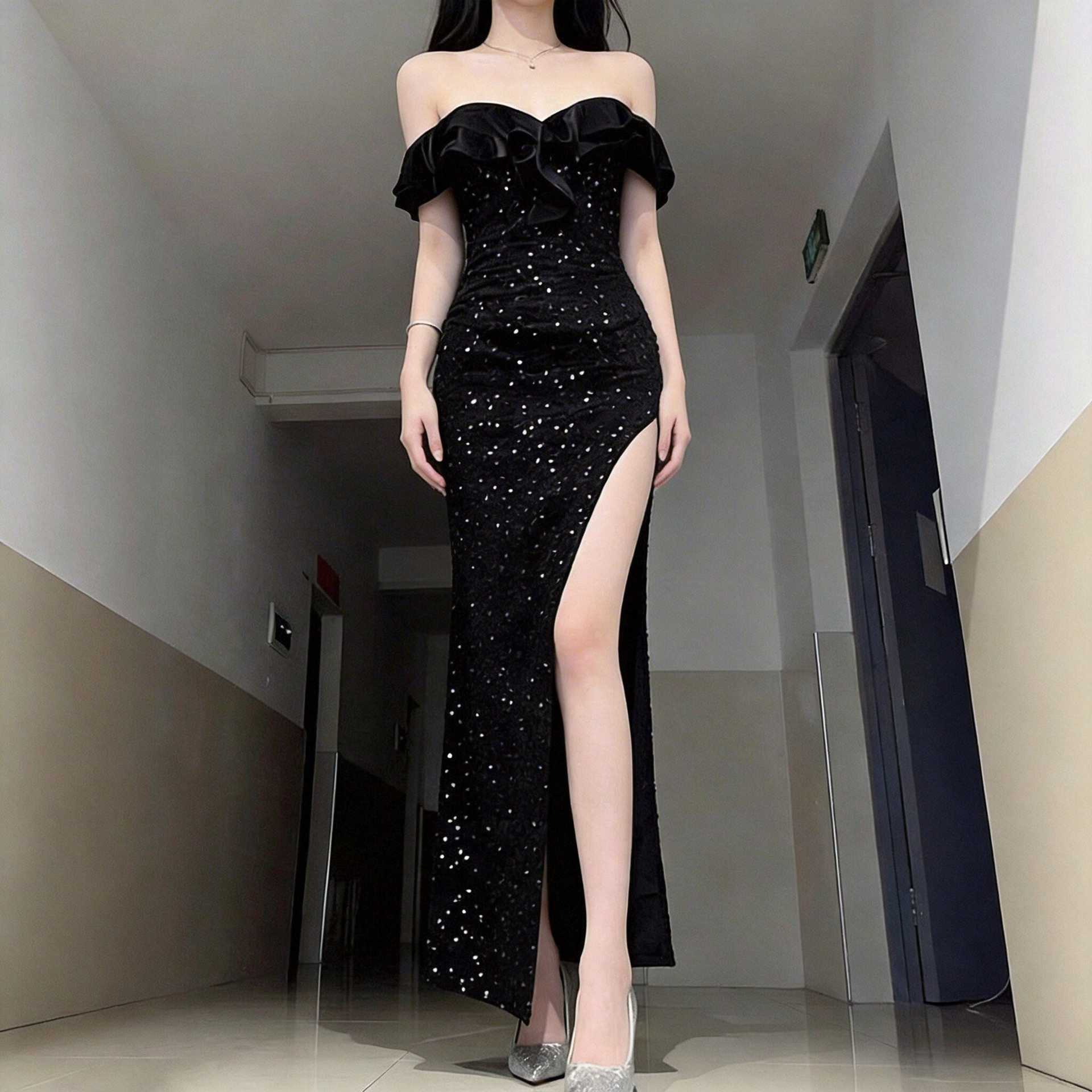 黑色一字肩亮片晚礼服女荷叶边修身包臀高开叉长款宴会主持连衣裙