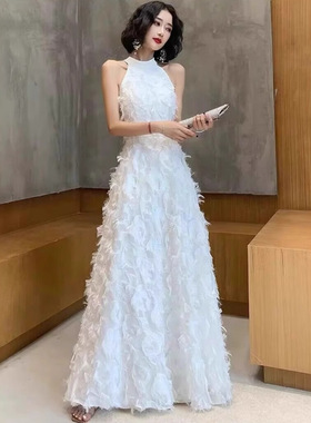 白色挂脖礼服18岁成人礼生日派对连衣裙平时可穿无袖长款晚礼服女