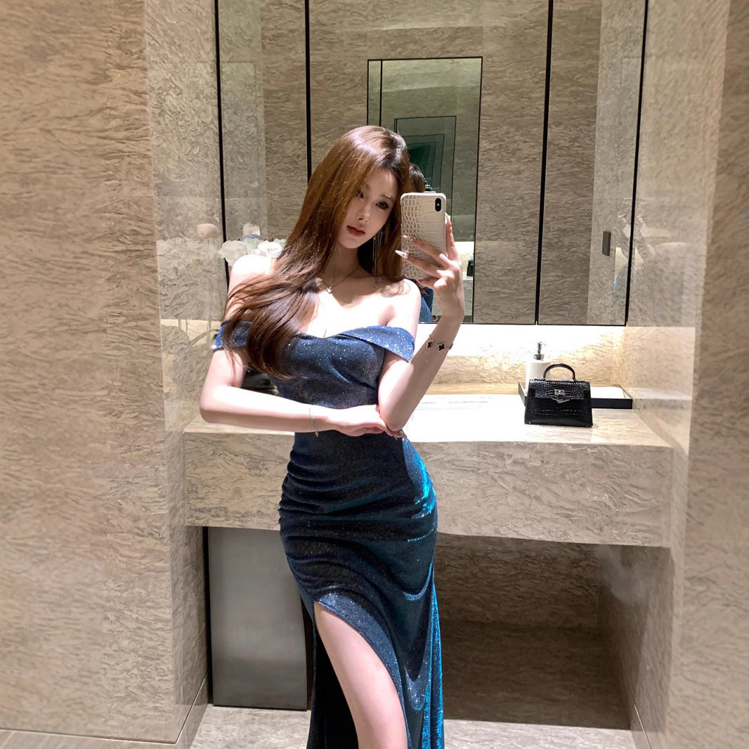 晚礼服2026年夏装新款高级感闪闪一字肩高级感聚会修身显瘦连衣裙