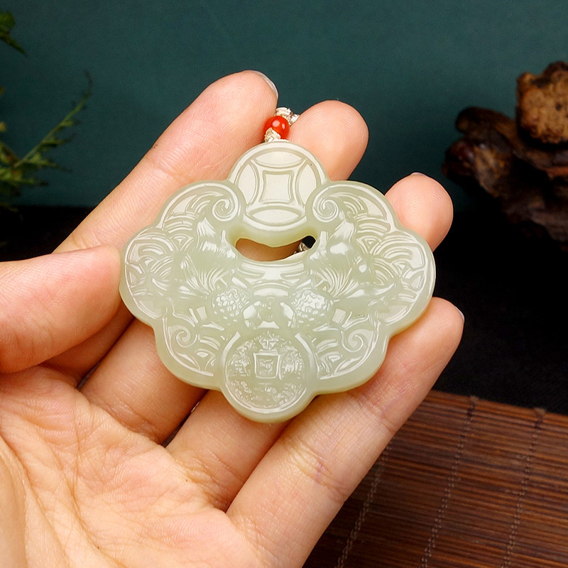 【天石玉器】和田玉平安锁年年有余挂件吊坠29.828g