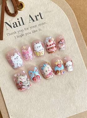 初秋新款洛可可ins樱桃小猫短款美甲显白穿戴卡通指甲可爱