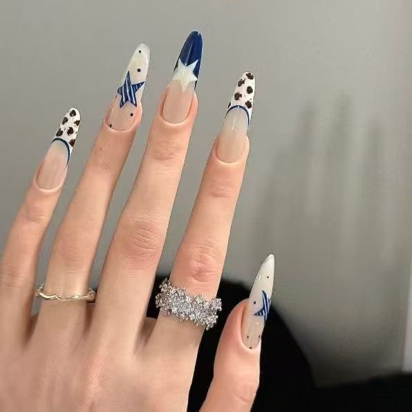 蓝色显白辣妹高级贴片星星ins法式豹纹气质美甲穿戴甲