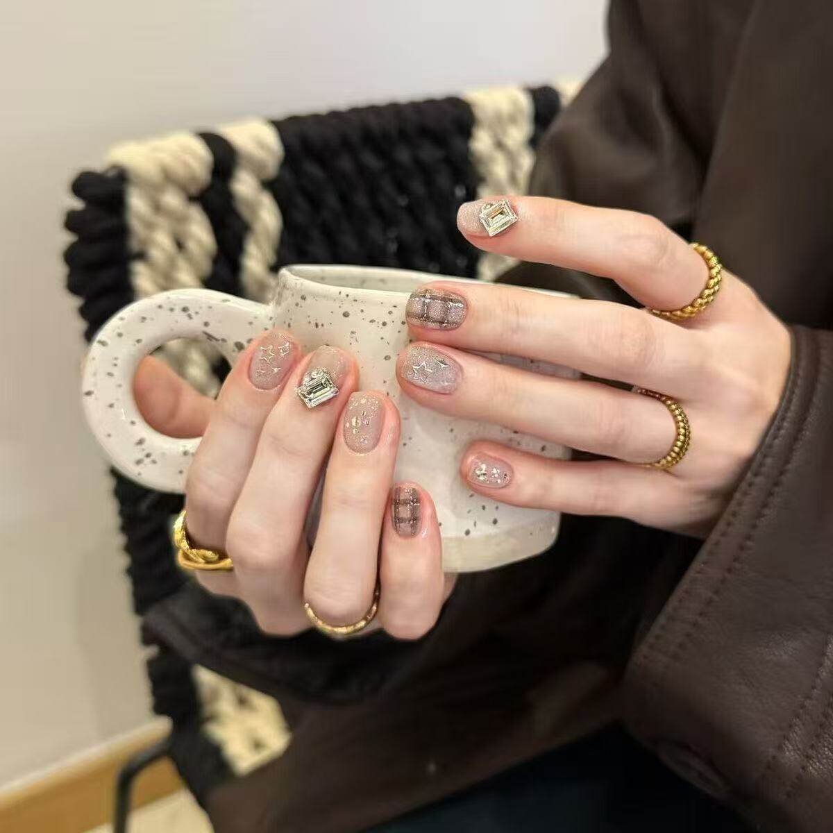 半手工星星美甲穿戴气质短款格纹显白指甲猫眼ins贴片高级,彩妆/香水/美妆工具,穿戴甲/甲片,淘宝优惠券,粉丝福利购,淘宝优惠卷