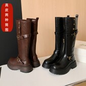 真皮美拉德厚底胖mm粗腿长筒靴两穿保暖皮带扣骑士靴大筒围长靴子