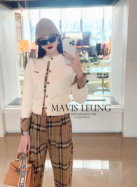 MAVIS LEUNG 复古英伦休闲风 假两件拼接格纹两色圆领针织开衫