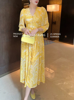 MAVIS LEUNG 美到心尖上 仙气飘飘亮黄收腰大裙摆灯笼袖长连衣裙