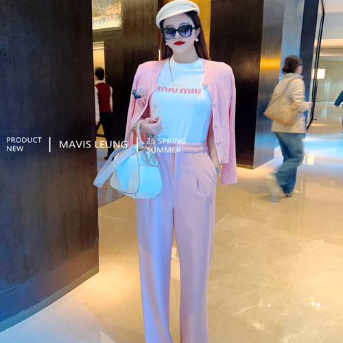 MAVIS LEUNG 甜而不腻 马卡龙粉精致小女人粗花呢长款拖地阔腿裤