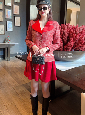 MAVIS LEUNG 优雅华丽转身 节日氛围感花瓣领粗花呢收腰西装外套