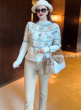 MAVIS LEUNG 氛围感拉满 香家节日感麋鹿美拉德色系圆领套头毛衣