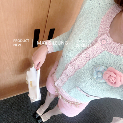 MAVIS LEUNG 甜度超标 草莓薄荷冰激凌色系COCO撞色针织开衫+短裤