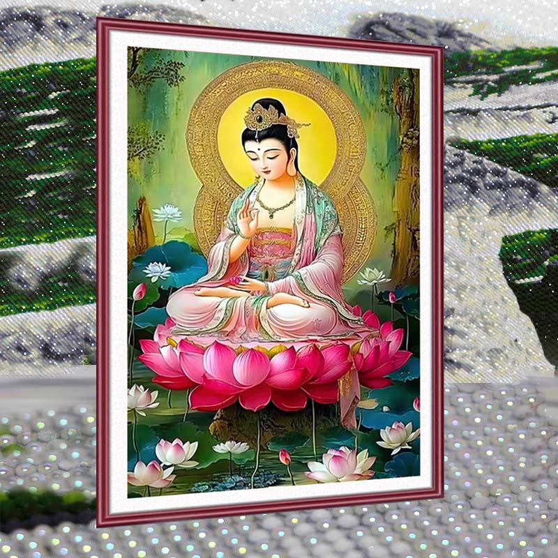 坐莲观音菩萨2025年新款5D水晶钻石画满钻贴钻十字绣竖版玄关佛像