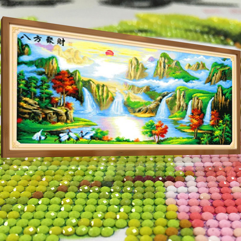 八方聚财2025新款5D钻石画满钻点钻十字绣简单山水风景画流水生财
