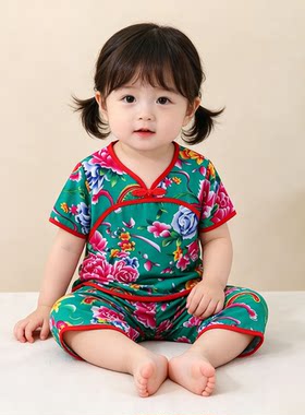 女童儿童汉服唐装两件套短袖套装夏季棉绸薄款宝宝中国家居服棉绸