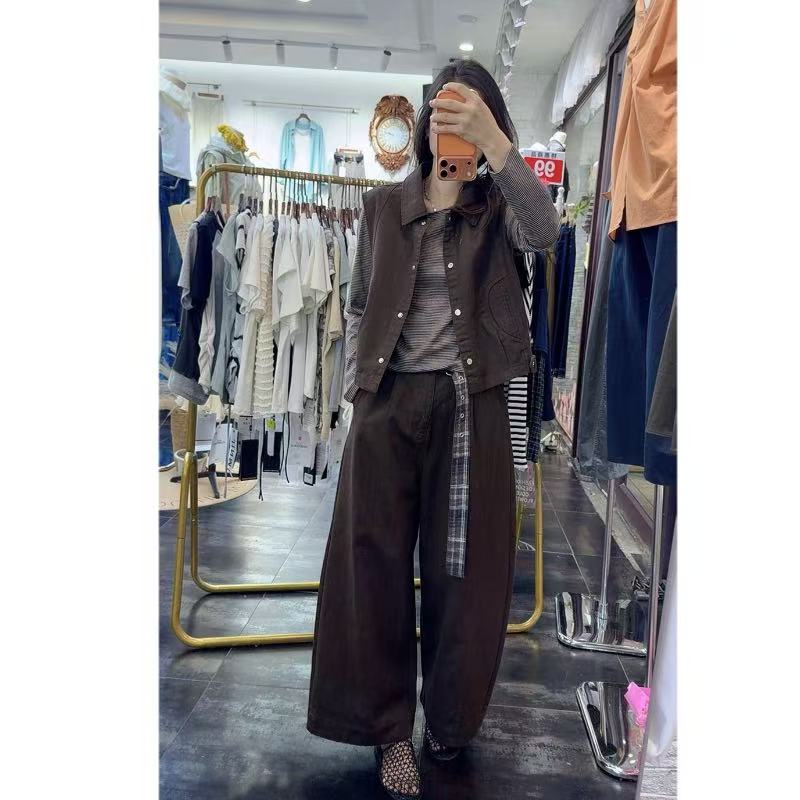 秋季新品美拉德撞色设计马甲牛仔裤长袖条纹T恤衫三件套女校园风
