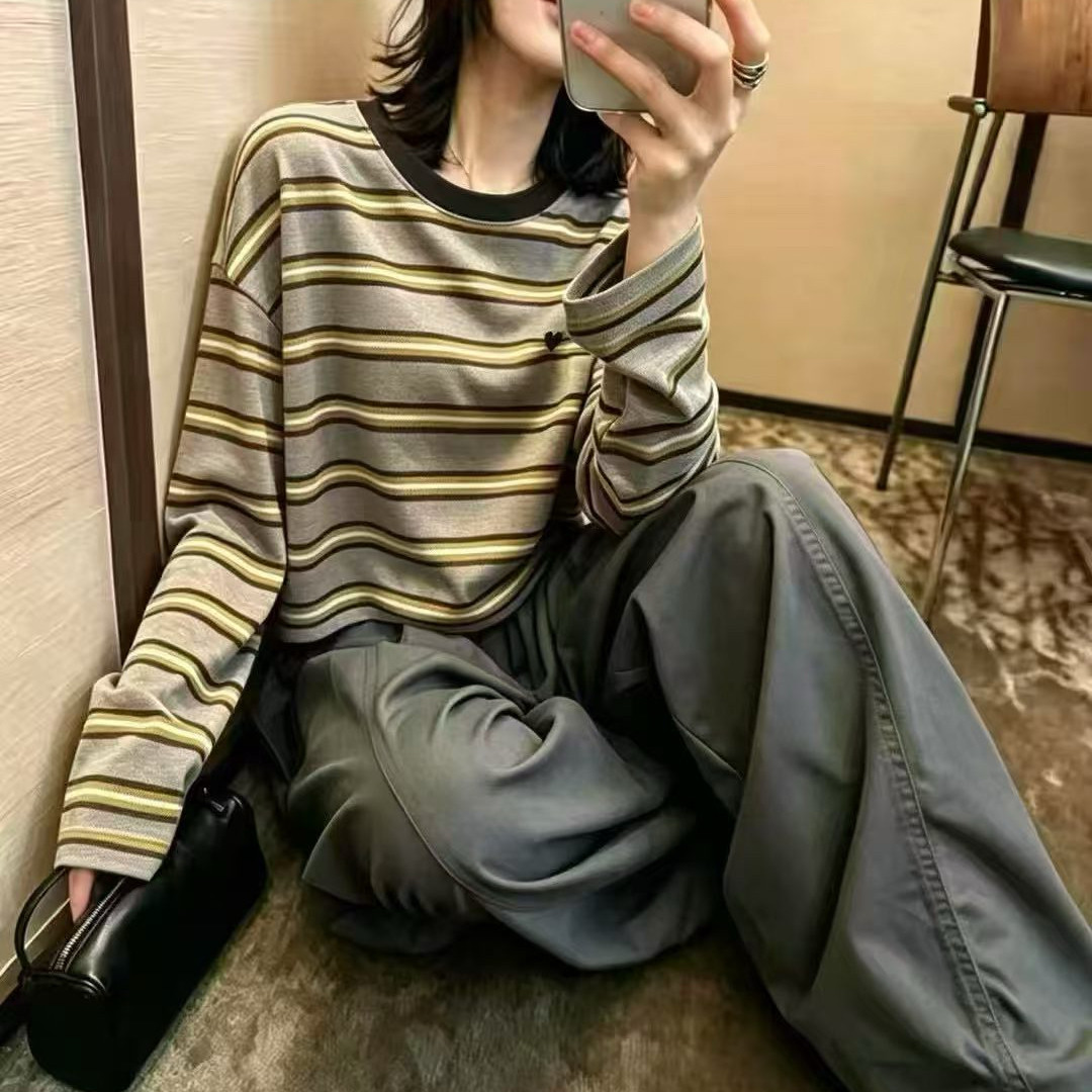 2026秋季新品小清新青春学院风爱心条纹长袖T恤衫打底上衣女撞色