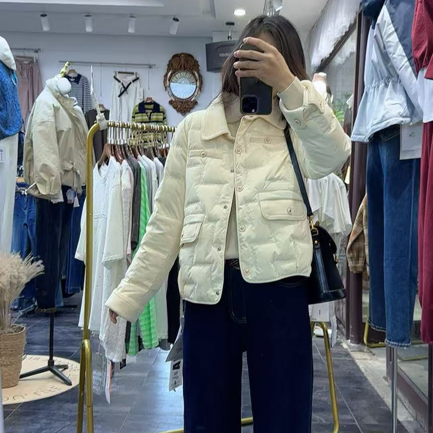 秋冬新款翻领小香风设计名媛淑女鸭绒内胆外套羽绒服棉衣通勤二棉