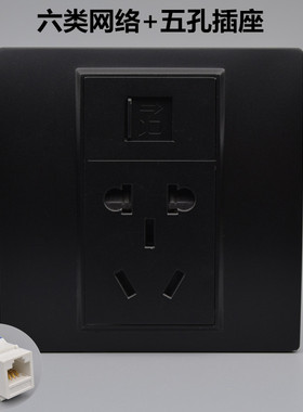 黑色六类网络面板+五孔插座86型CAT6千兆电脑网线口带5孔电源插座