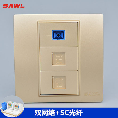 香槟色双网络光纤面板插座86型