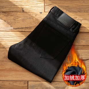 加绒加厚黑色牛仔裤男士修身水洗纯棉直筒九分裤冬季保暖潮流长裤