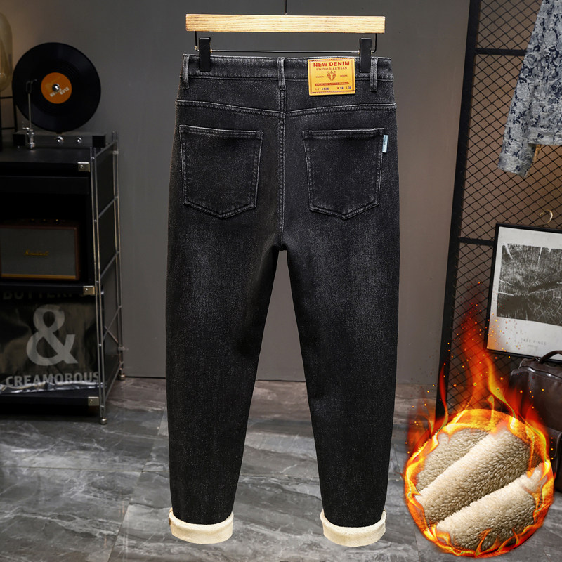 加绒加厚保暖牛仔裤男秋冬水洗纯棉弹力潮流百搭长裤黑色裤子男士