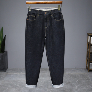 牛仔裤男士宽松丹宁防褪色哈伦休闲裤子街头秋冬厚款手抓毛长裤潮