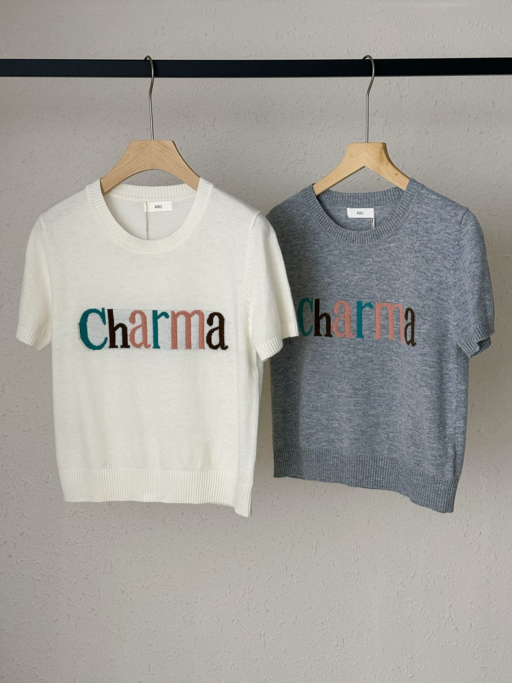 Allo秋装女款2024年短袖字母印花圆领套头羊毛毛衣打底针织衫上衣