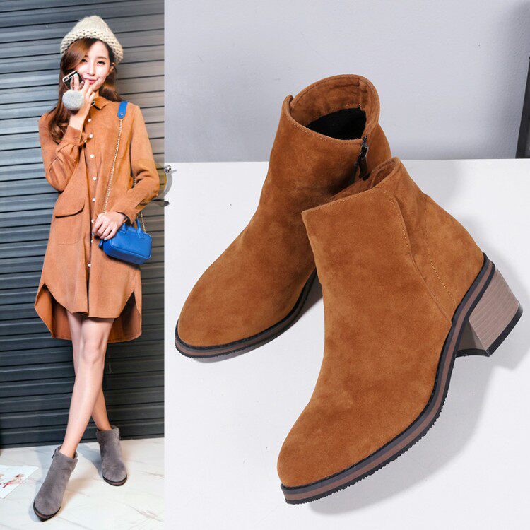 秋冬季短筒馬丁裸靴女高粗跟尖頭拉鏈灰棕黑色磨砂歐美學生冬靴在類目 女鞋, 靴子中 - 來自Buy2taobao.com提供專業的淘寶代購服務