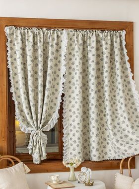 窗帘遮光免打孔短帘荷叶边花边法式复古田园奶油风厨房阳台柜门帘