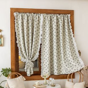窗帘遮光免打孔短帘荷叶边花边法式复古田园奶油风厨房阳台柜门帘