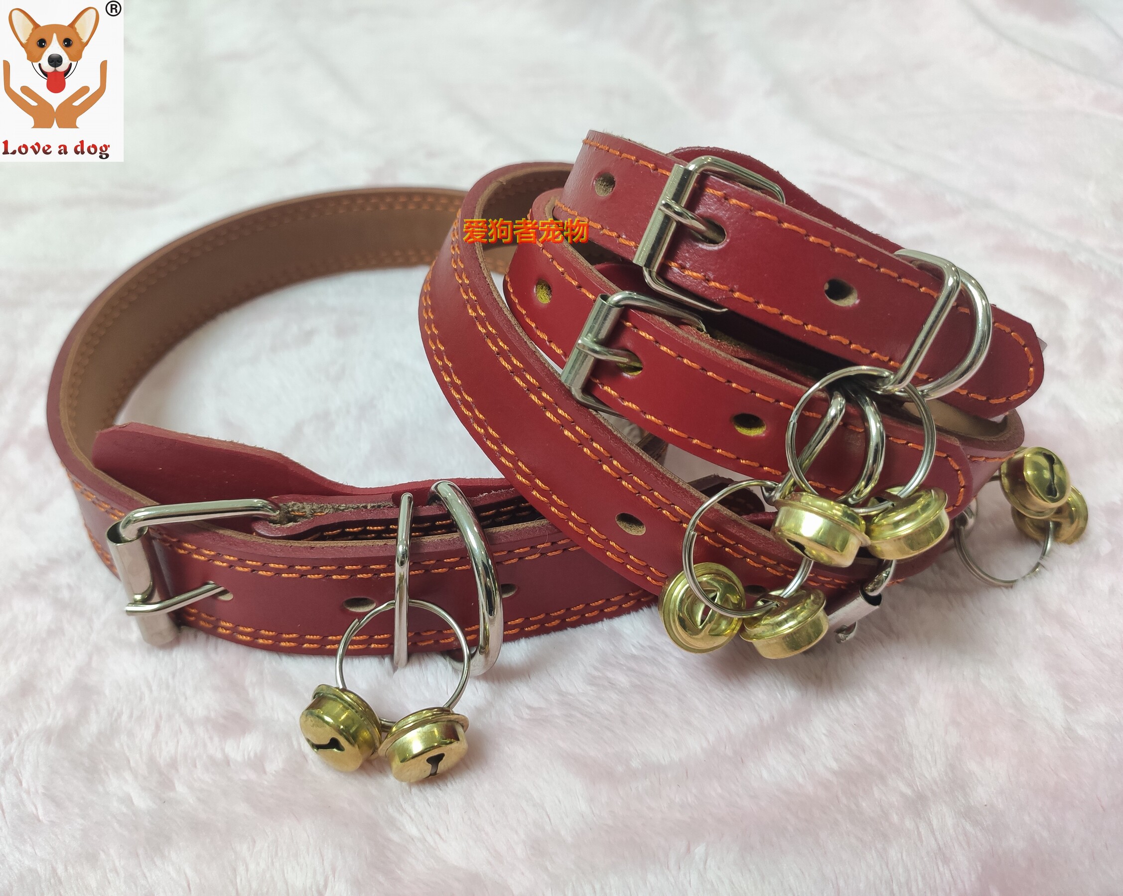 全国包邮牛皮项圈颈圈红色狗脖套铃铛脖套真皮脖圈平板款大红色款