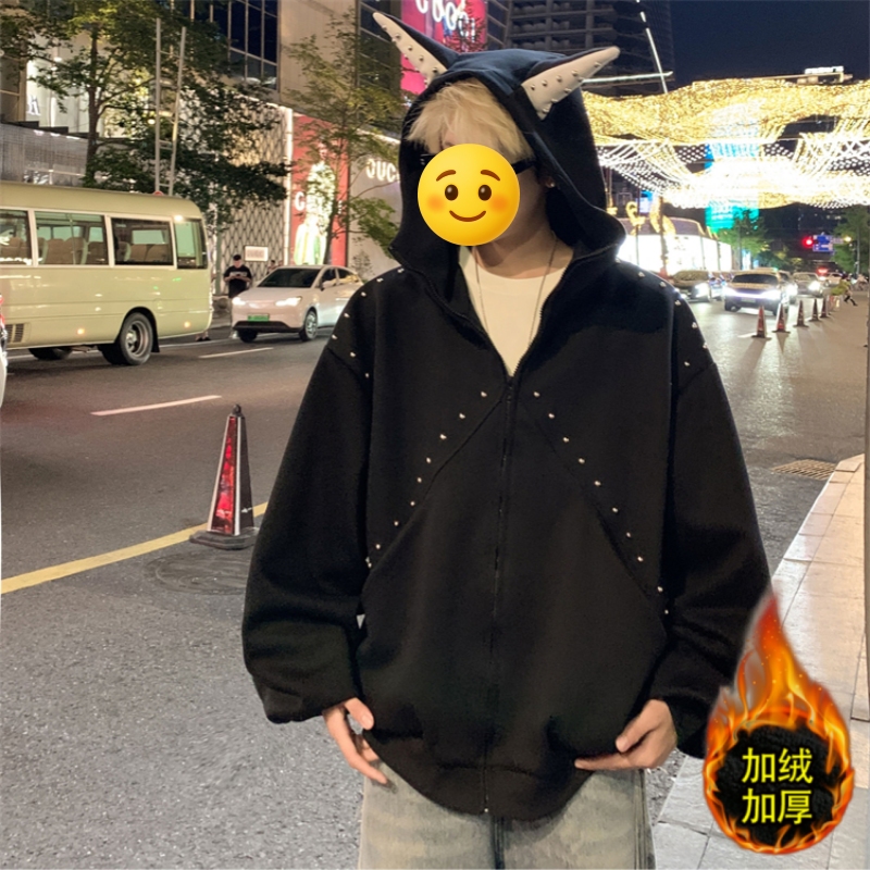 美式ins复古铆钉杜宾犬耳朵连帽卫衣情侣同款加绒加厚宽松外套