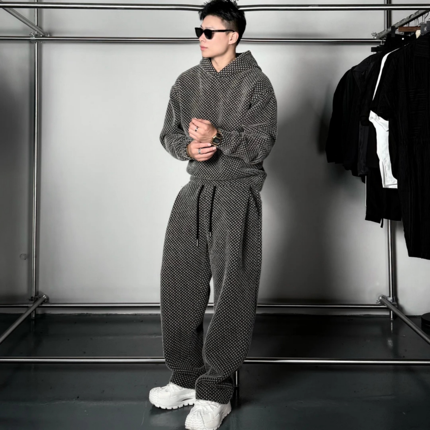 冬季加绒加厚时尚老钱风套装男复古格纹连帽卫衣潮流休闲裤两件套