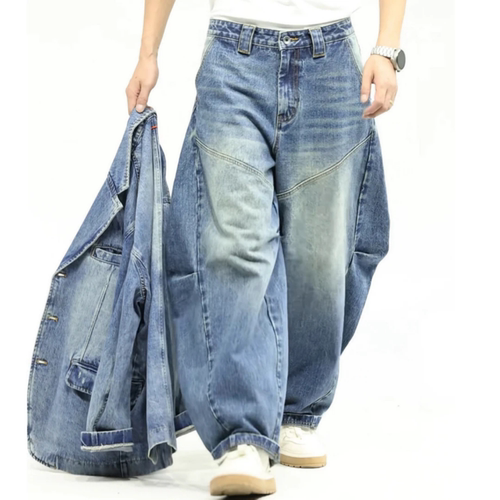 秋季捏褶弯刀男士做旧牛仔裤