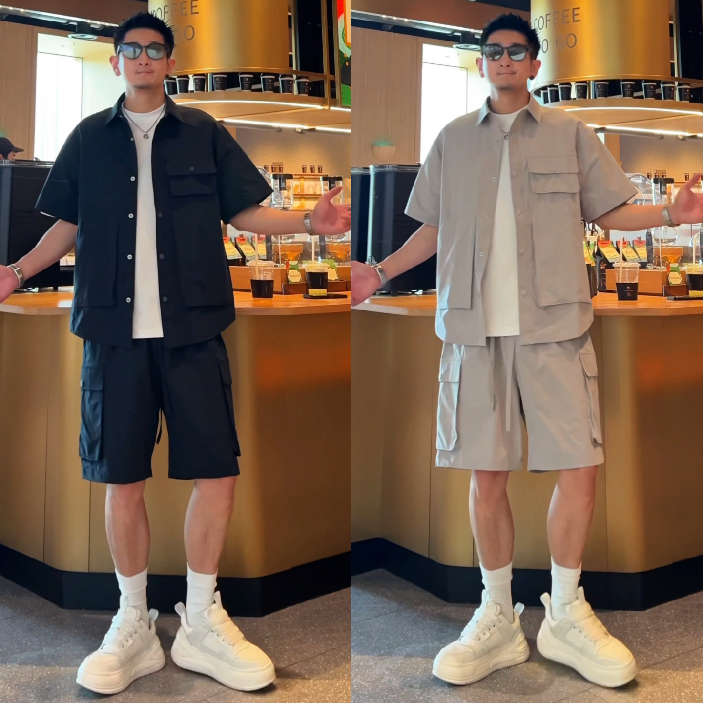 夏季新款男款工装短袖衬衫百搭潮流宽松多口袋短裤休闲时尚套装