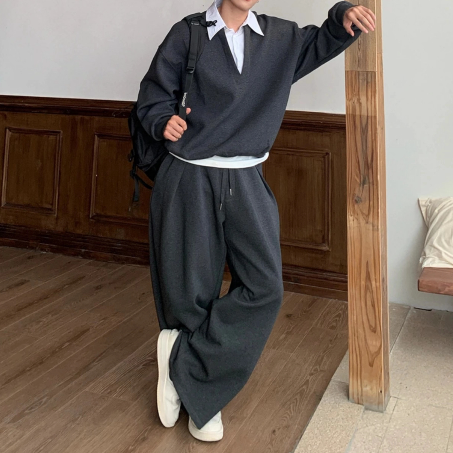 秋季美式潮牌高级感假两件拼接条纹领卫衣男士时尚休闲长裤套装