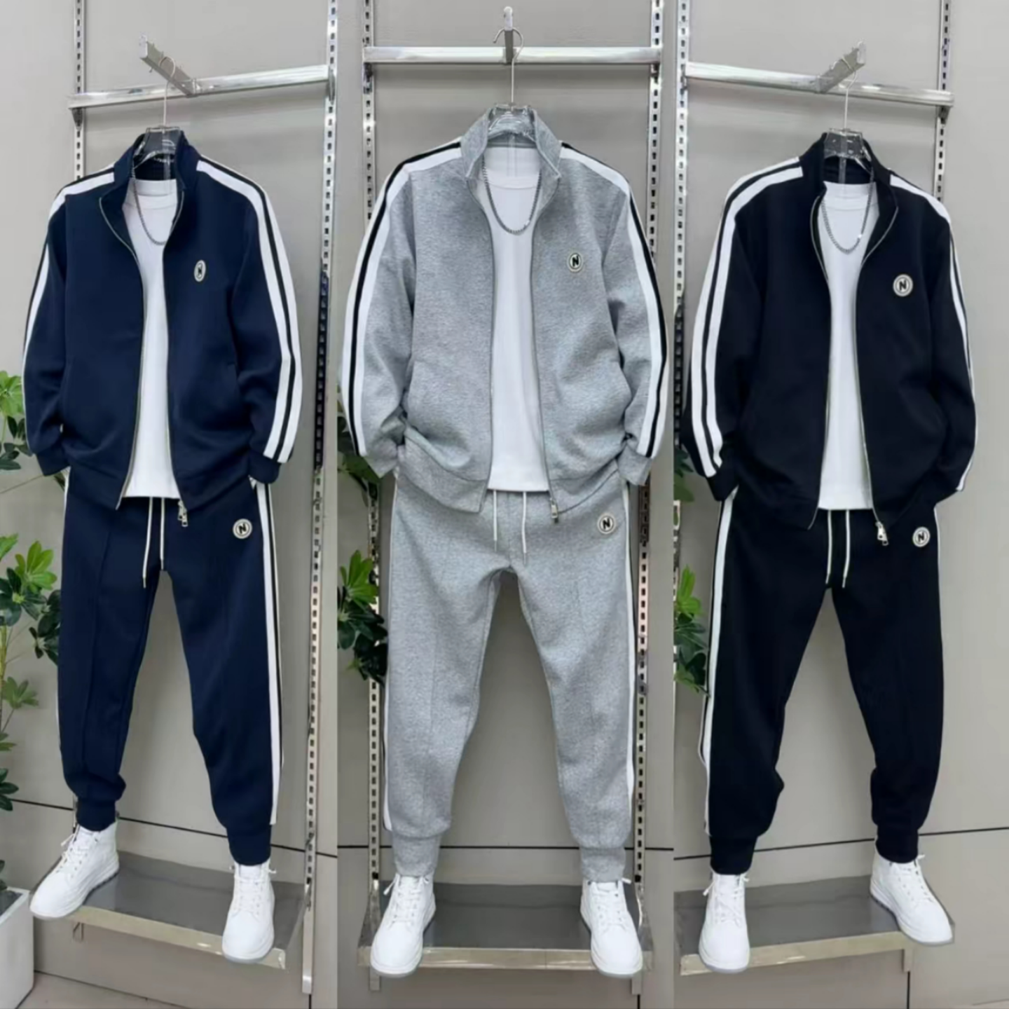 秋季男士休闲高品质条纹运动两件套长袖外套时尚运动潮流立领套装