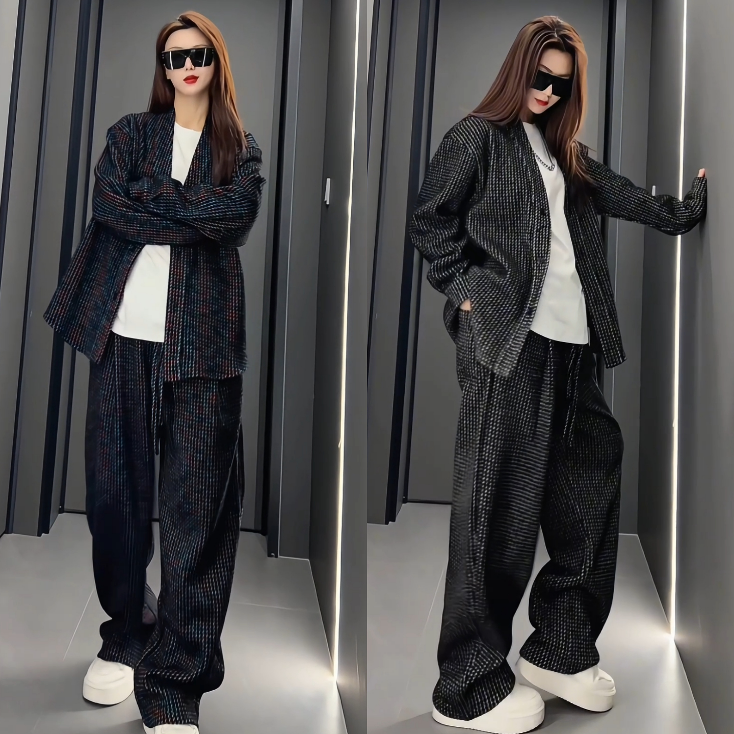 春季慵懒风彩色条纹套装男士高级感时尚休闲外套直筒长裤两件套潮