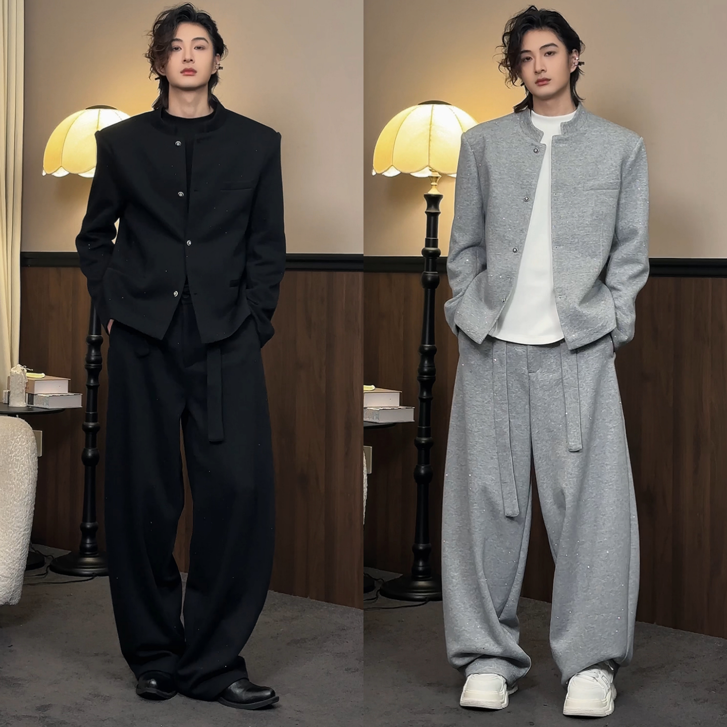 春季上新中式高级感精致潮流男士立领夹克外套垂感抽绳休闲裤套装