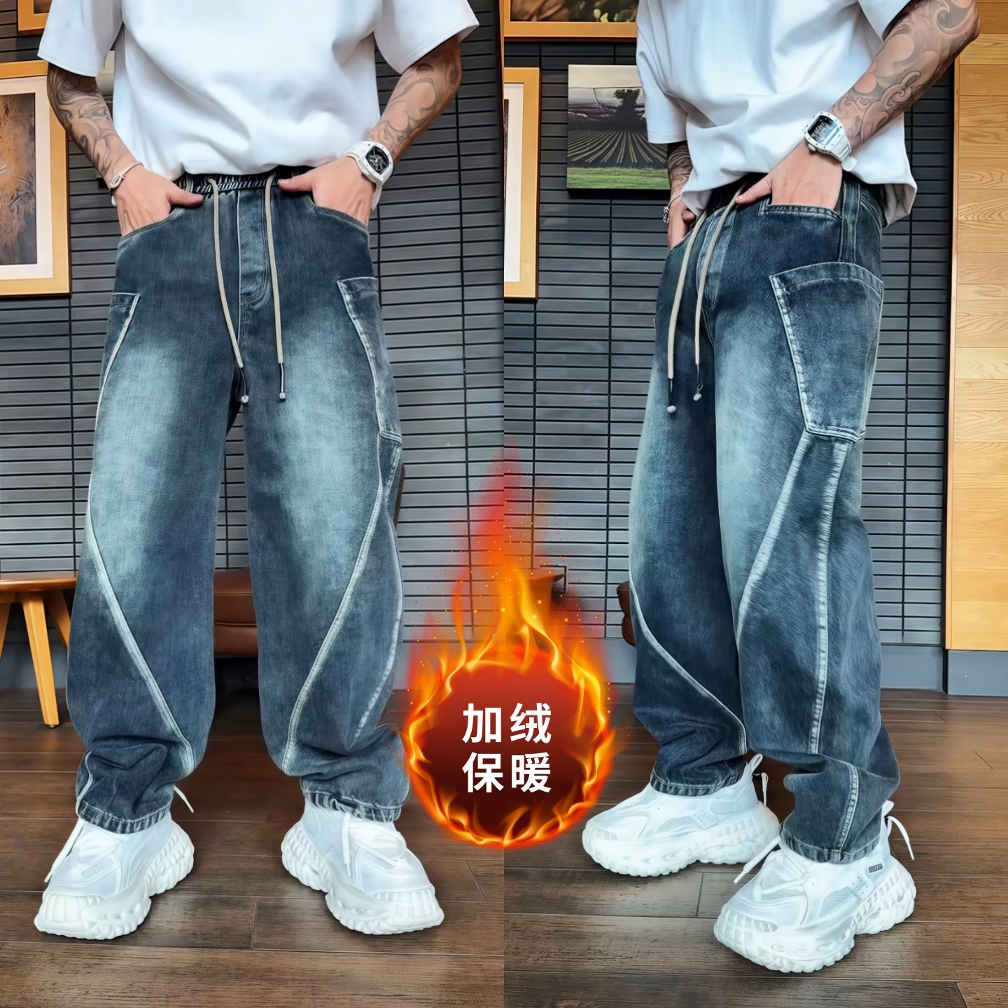 美式弯刀阔腿裤男长裤潮流痞帅