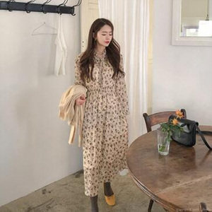 2019春款韩国代购直发 木耳边立领拉伸腰碎花长款连衣裙女