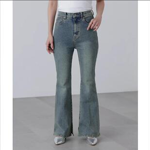 FM外贸出口日本原单尾货 水洗多色小开衩喇叭裤 高腰弹力牛仔长裤