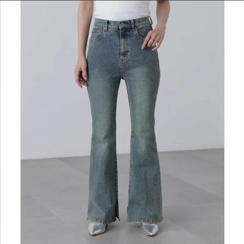 FM外贸出口日本原单尾货 水洗多色小开衩喇叭裤 高腰弹力牛仔长裤