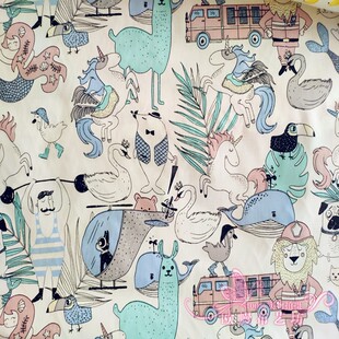 宝宝卡通全棉斜纹手工棉布 窗帘床品面料手工动物乐园无荧光 服装