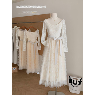 Catyears猫年 粉荔漫舞~复古法式蕾丝蓬松蛋糕裙摆连衣裙加绒