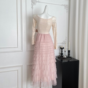 蕾丝蓬松蛋糕裙摆连衣裙加绒 复古法式 Catyears猫年 粉荔漫舞